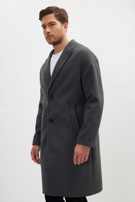 Men's Long-Fitted Notch Lapel Peacoat - Anthracite | Ron Tomson