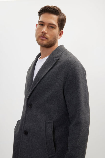 Men's Long-Fitted Notch Lapel Peacoat - Anthracite | Ron Tomson