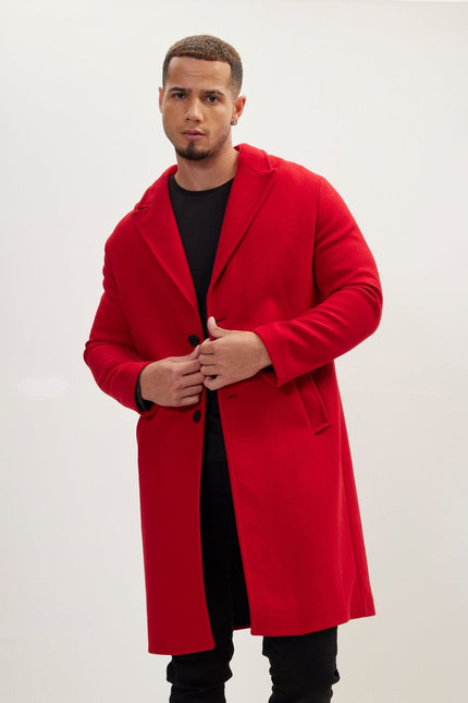 Men's Long Notch Lapel Peacoat - Red | Ron Tomson