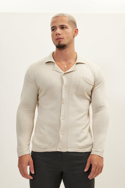 Men's Long-Sleeve Camp Collar Knit Shirt - Stone | Ron Tomson