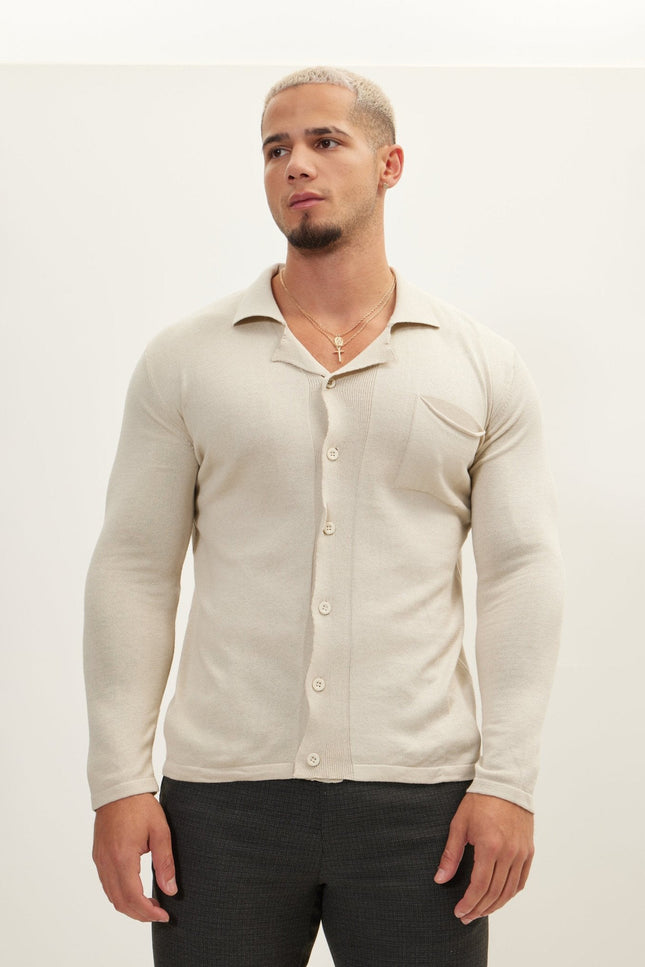 Long-Sleeve Camp Collar Knit Shirt - Stone