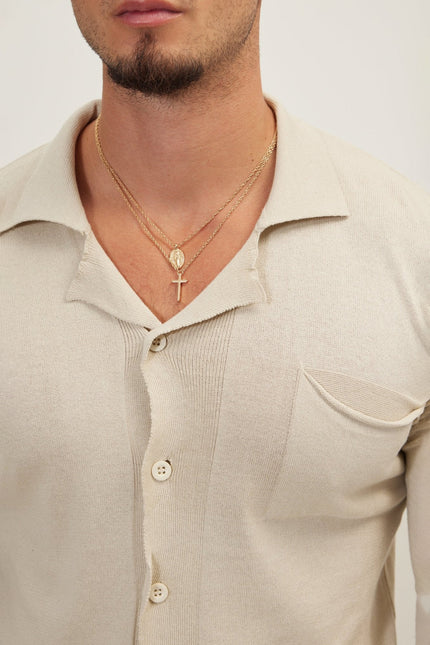 Men's Long-Sleeve Camp Collar Knit Shirt - Stone | Ron Tomson