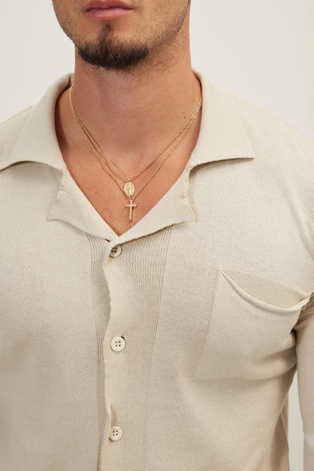 Long-Sleeve Camp Collar Knit Shirt - Stone