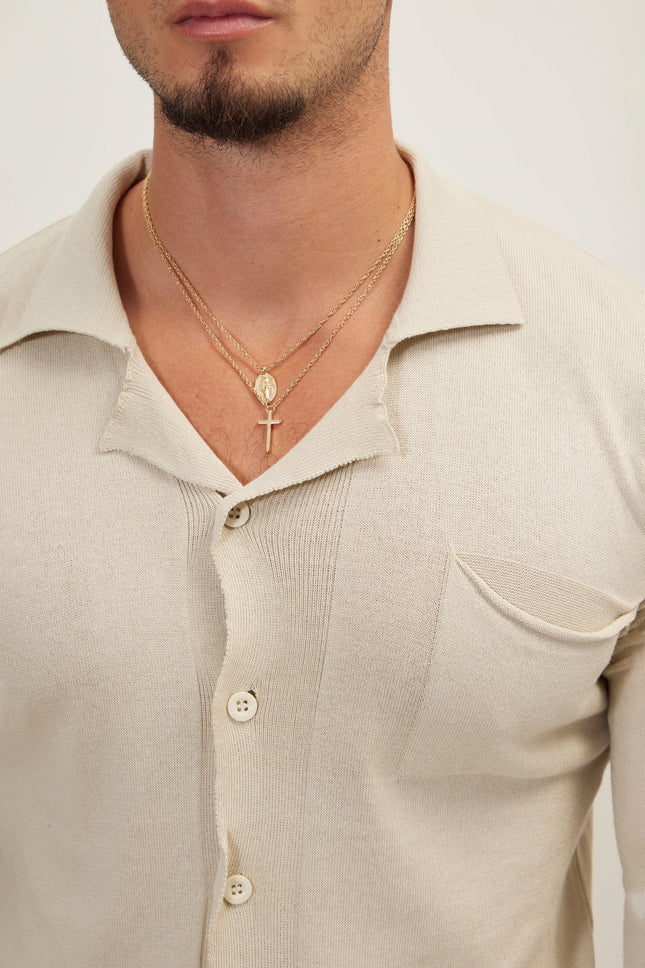 Men's Long-Sleeve Camp Collar Knit Shirt - Stone | Ron Tomson