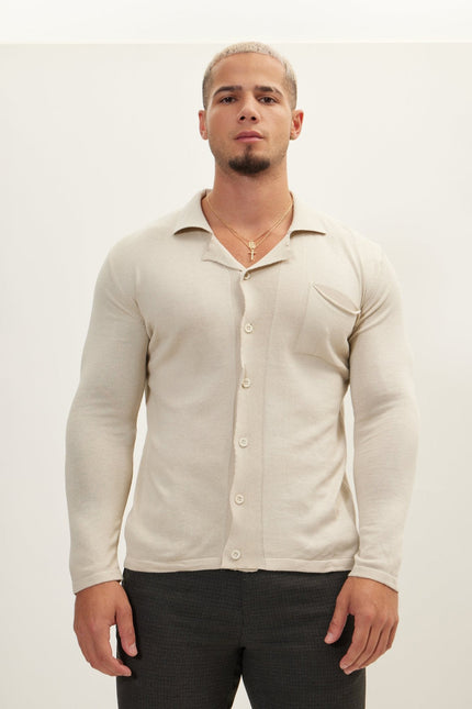 Men's Long-Sleeve Camp Collar Knit Shirt - Stone | Ron Tomson