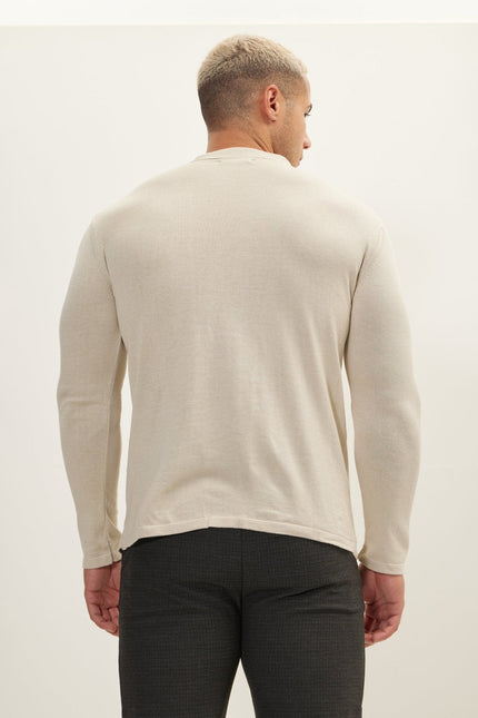 Men's Long-Sleeve Camp Collar Knit Shirt - Stone | Ron Tomson