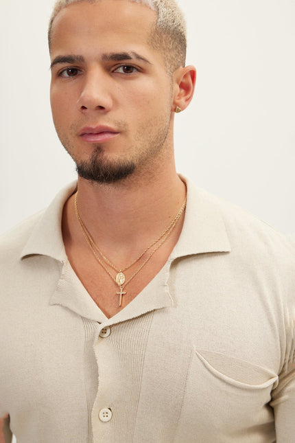 Men's Long-Sleeve Camp Collar Knit Shirt - Stone | Ron Tomson