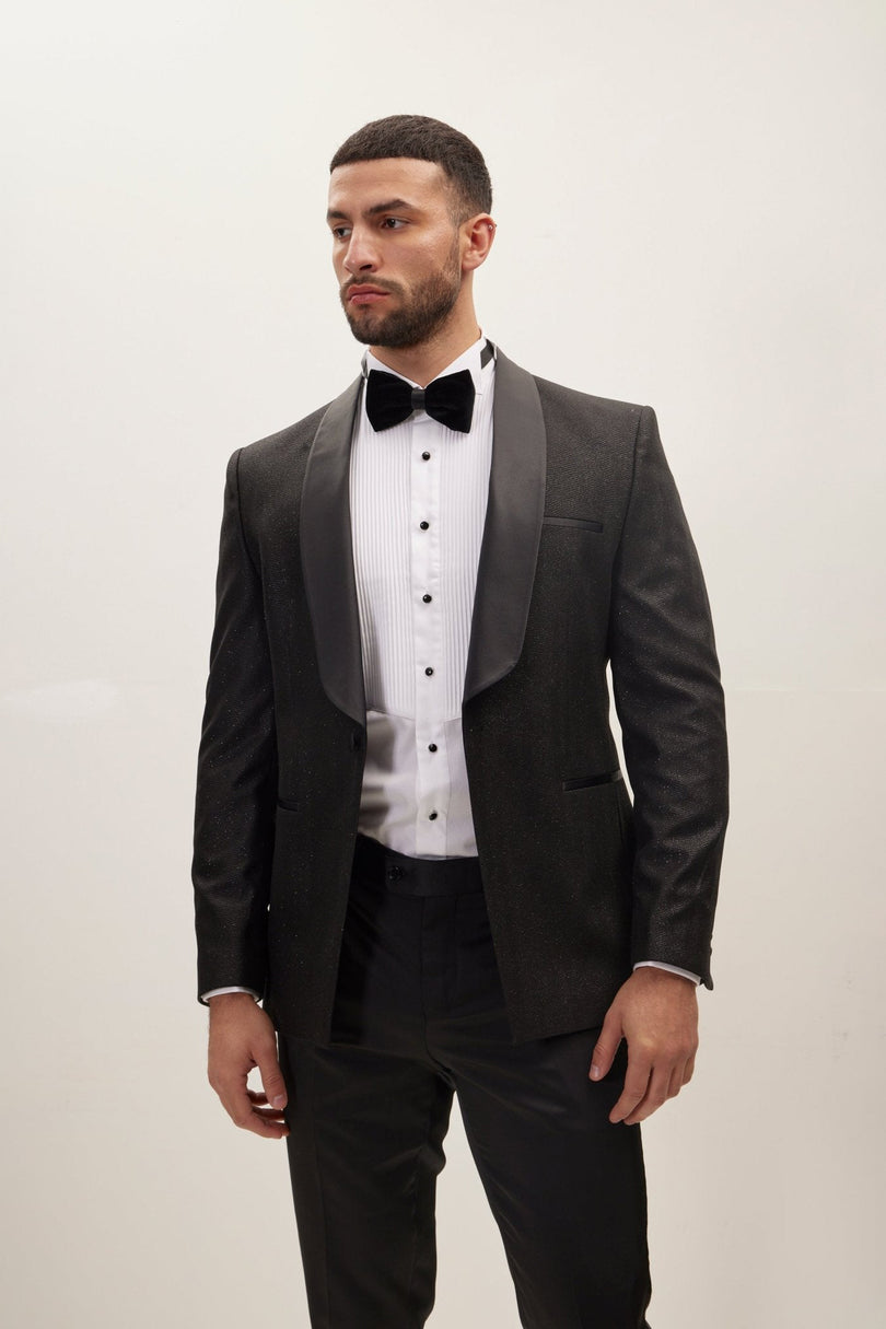 Men's Ludlow Shawl Lapel Glitter Tuxedo Jacket - Black | Ron Tomson