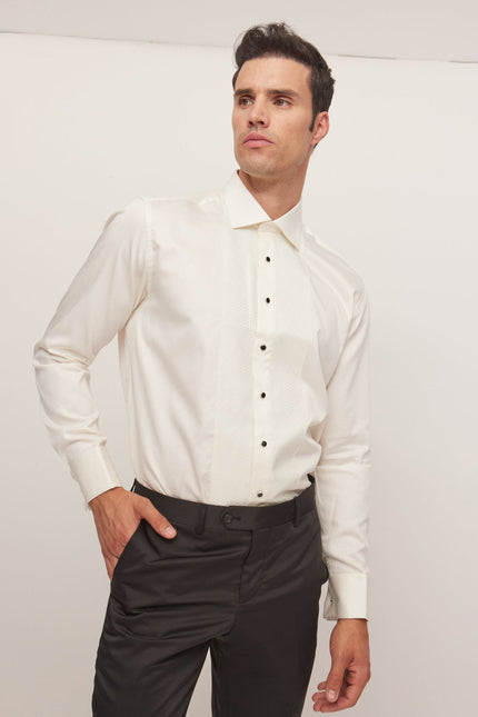 Men's Cotton Lurex Paneled Tuxedo Shirt - Beige | Ron Tomson