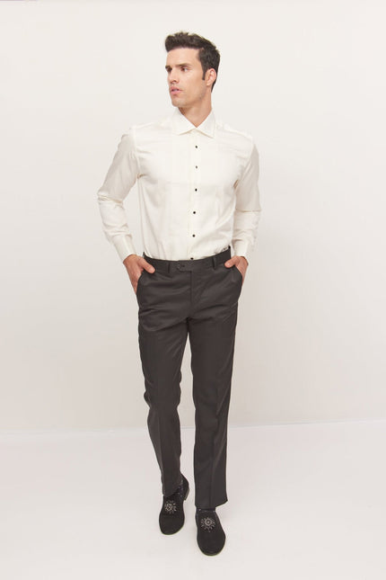 Men's Cotton Lurex Paneled Tuxedo Shirt - Beige | Ron Tomson