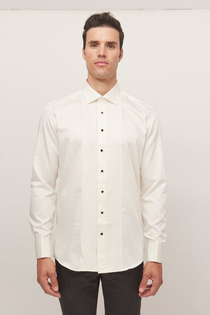 Men's Cotton Lurex Paneled Tuxedo Shirt - Beige | Ron Tomson
