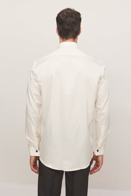 Men's Cotton Lurex Paneled Tuxedo Shirt - Beige | Ron Tomson