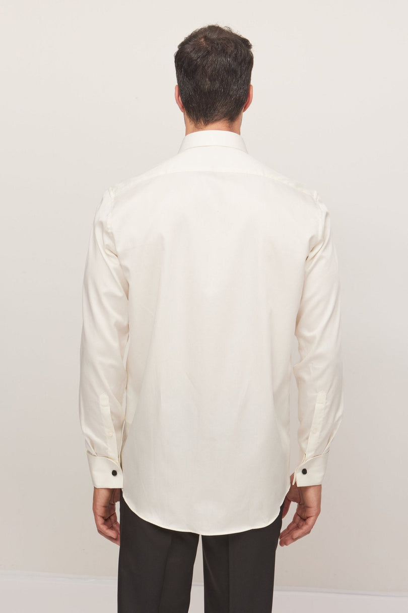 Men's Cotton Lurex Paneled Tuxedo Shirt - Beige | Ron Tomson