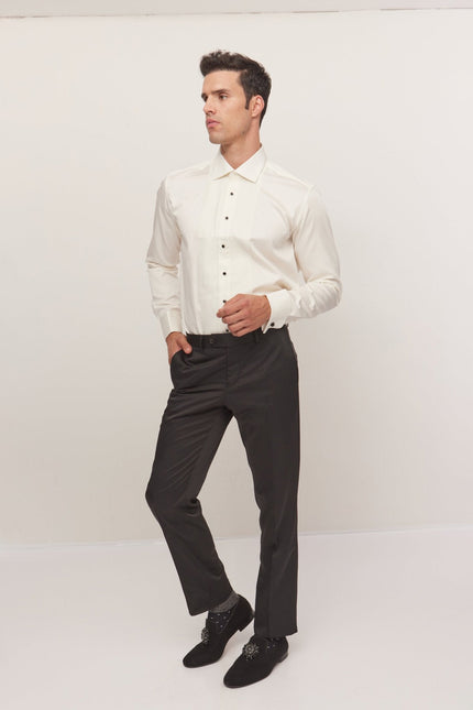 Men's Cotton Lurex Paneled Tuxedo Shirt - Beige | Ron Tomson