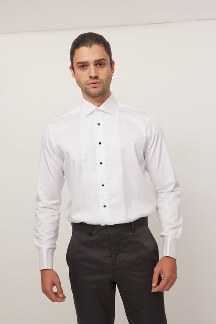 Men's Cotton Lurex Paneled Tuxedo Shirt - White | Ron Tomson