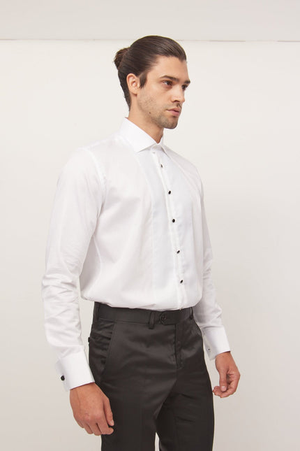 Men's Cotton Lurex Paneled Tuxedo Shirt - White | Ron Tomson