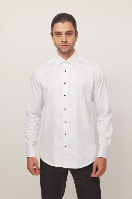 Men's Cotton Lurex Paneled Tuxedo Shirt - White | Ron Tomson