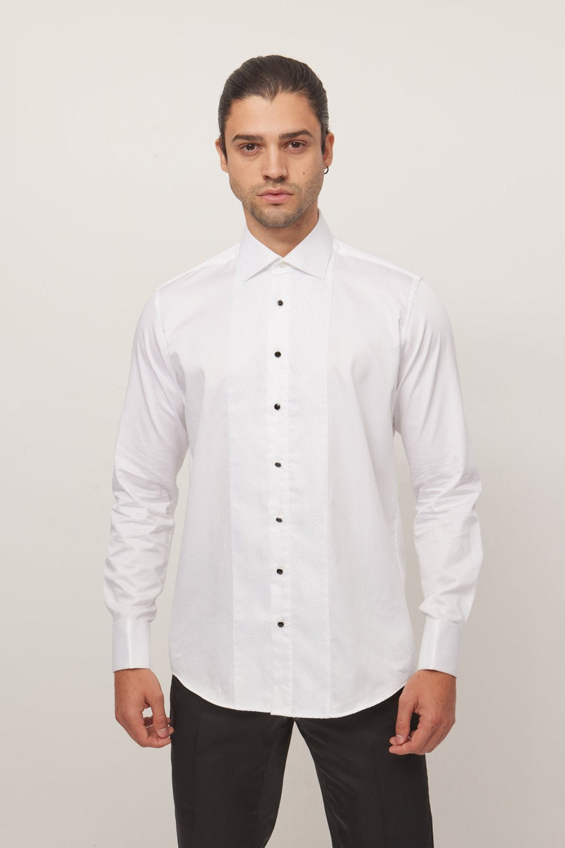 Men's Cotton Lurex Paneled Tuxedo Shirt - White | Ron Tomson