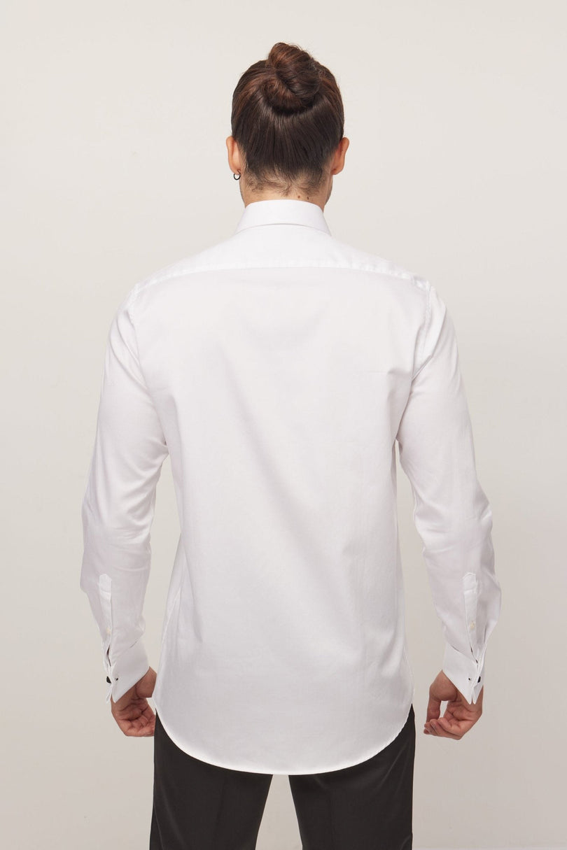 Men's Cotton Lurex Paneled Tuxedo Shirt - White | Ron Tomson
