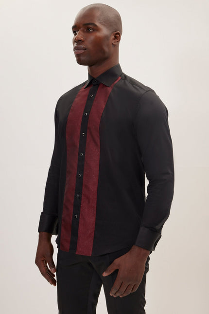 Men's Cotton Lurex Paneled Tuxedo Shirt - Black RED Men's Cotton Lurex Paneled Tuxedo Shirt - Black RED