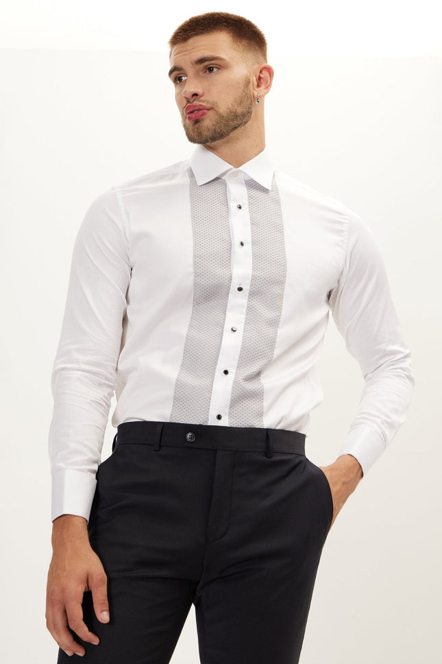 Men's Cotton Lurex Paneled Tuxedo Shirt - White Grey | Ron Tomson