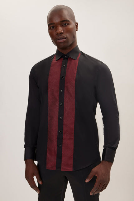 Men's Cotton Lurex Paneled Tuxedo Shirt - Black Red | Ron Tomson