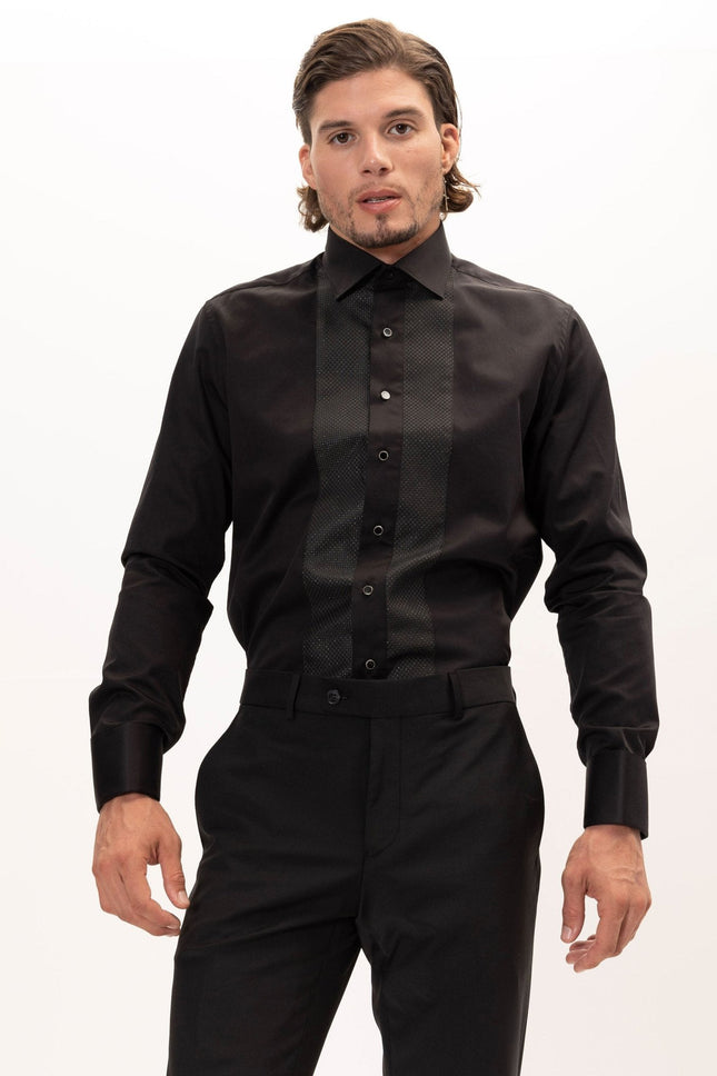 Men's Cotton Lurex Paneled Tuxedo Shirt - Black | Ron Tomson