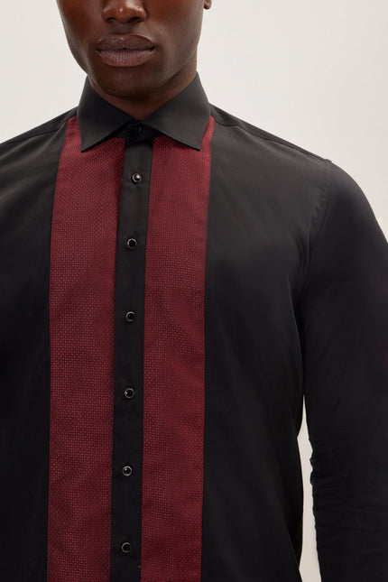 Men's Cotton Lurex Paneled Tuxedo Shirt - Black Red | Ron Tomson