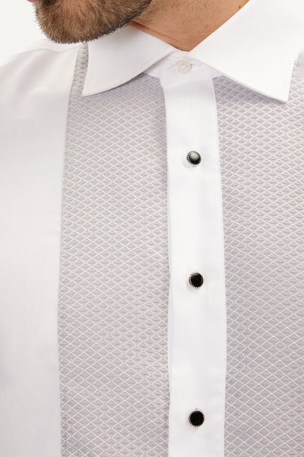 Men's Cotton Lurex Paneled Tuxedo Shirt - White Grey | Ron Tomson
