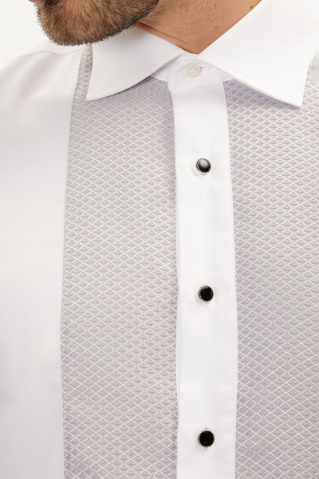 Men's Cotton Lurex Paneled Tuxedo Shirt - White Grey | Ron Tomson