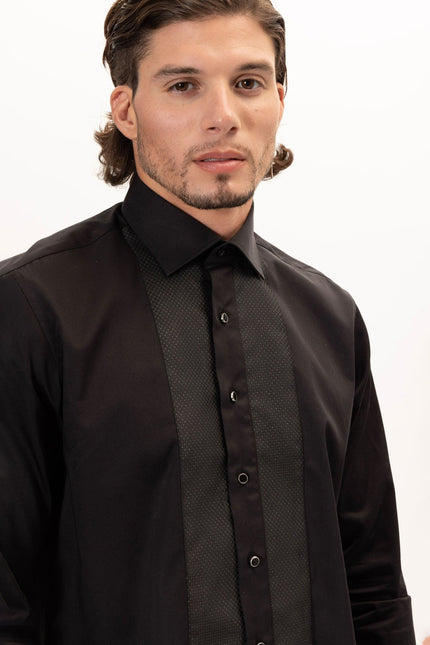 Men's Cotton Lurex Paneled Tuxedo Shirt - Black | Ron Tomson
