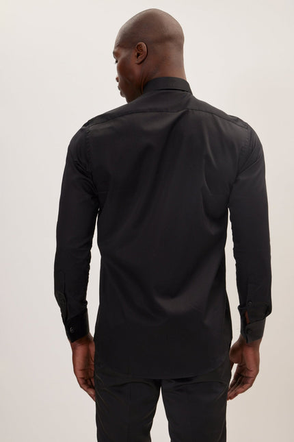 Men's Cotton Lurex Paneled Tuxedo Shirt - Black Red | Ron Tomson