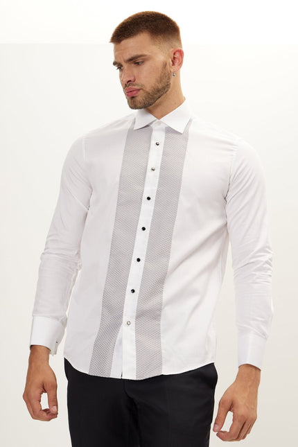 Men's Cotton Lurex Paneled Tuxedo Shirt - White Grey | Ron Tomson