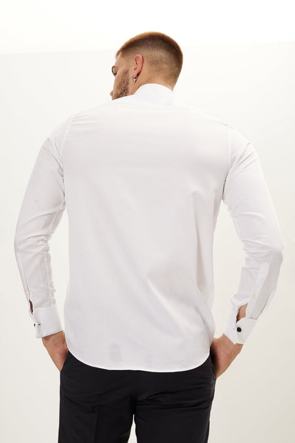 Men's Cotton Lurex Paneled Tuxedo Shirt - White Grey | Ron Tomson