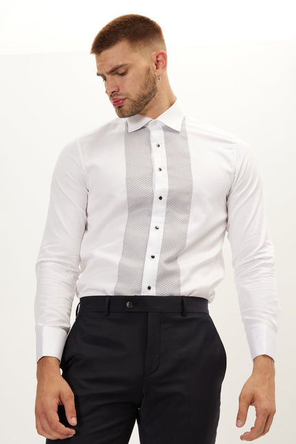 Men's Cotton Lurex Paneled Tuxedo Shirt - White Grey | Ron Tomson