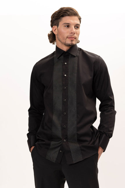Men's Cotton Lurex Paneled Tuxedo Shirt - Black | Ron Tomson