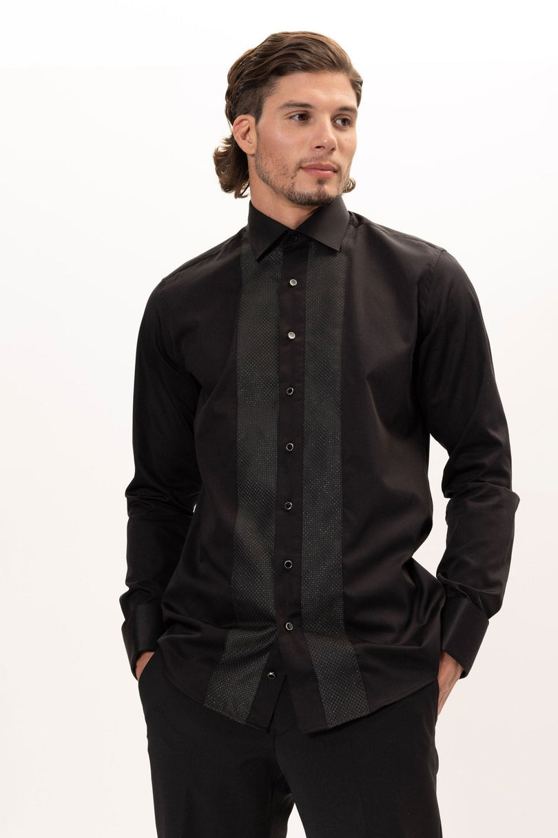 Men's Cotton Lurex Paneled Tuxedo Shirt - Black | Ron Tomson