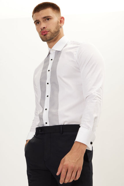 Men's Cotton Lurex Paneled Tuxedo Shirt - White Grey | Ron Tomson