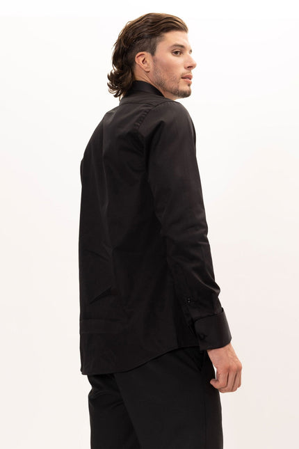 Men's Cotton Lurex Paneled Tuxedo Shirt - Black | Ron Tomson