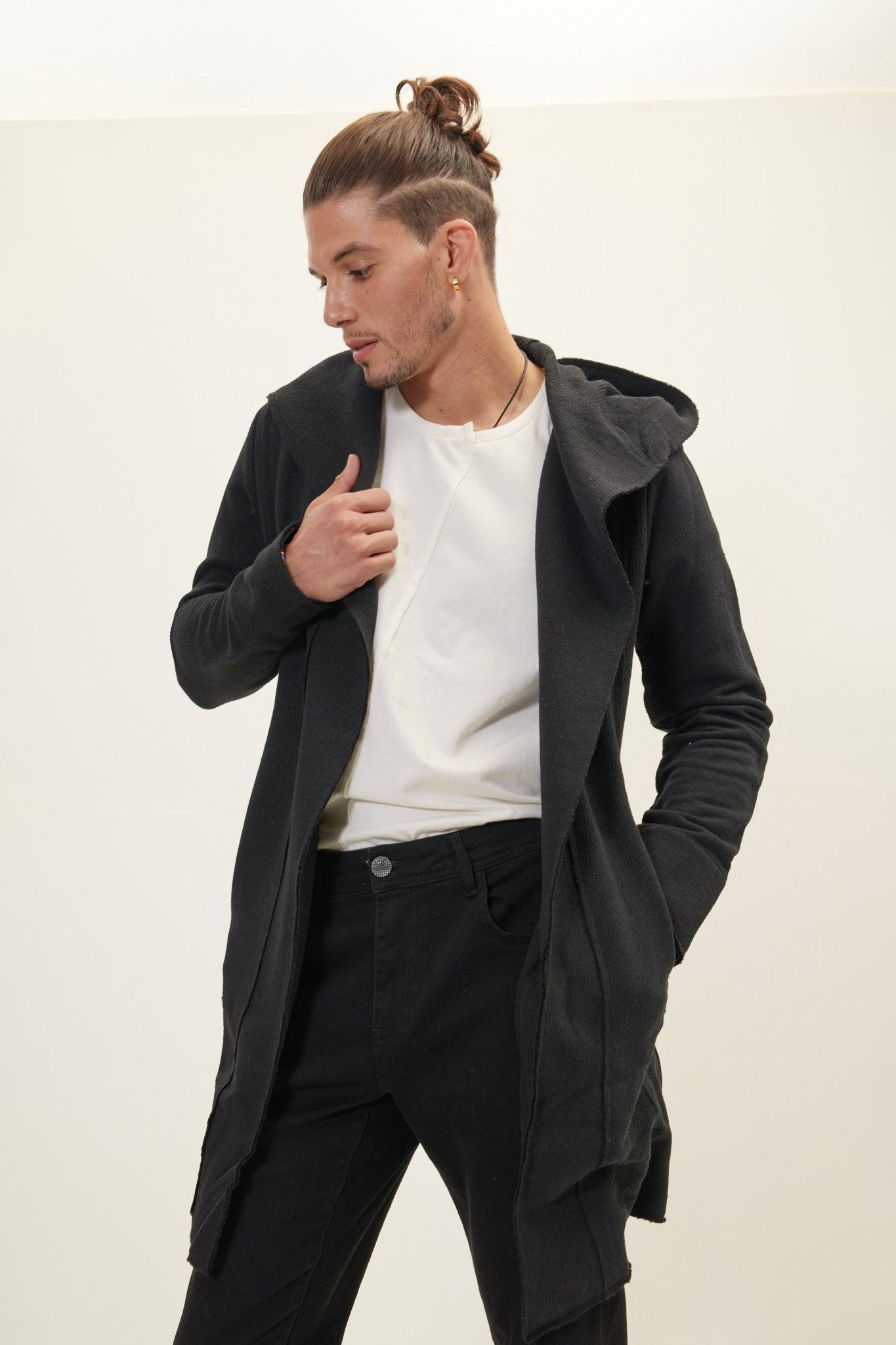Men's Longline Hooded Cardigan - Black | Ron Tomson