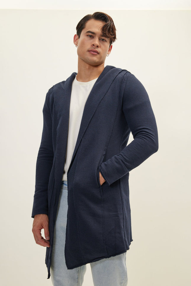 Men's Longline Hooded Cardigan - Navy | Ron Tomson