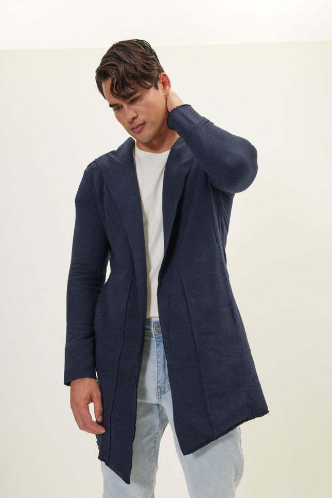 Men's Longline Hooded Cardigan - Navy | Ron Tomson