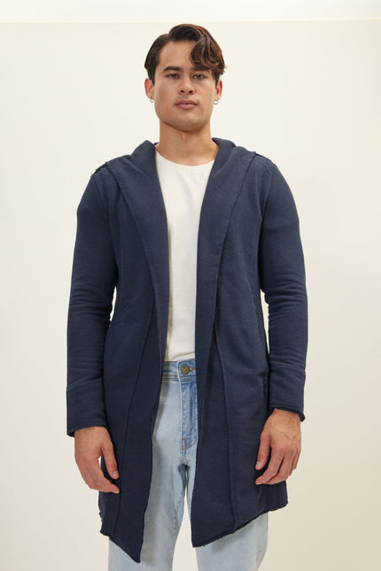 Men's Longline Hooded Cardigan - Navy | Ron Tomson