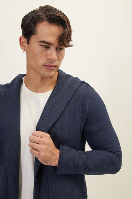 Men's Longline Hooded Cardigan - Navy | Ron Tomson