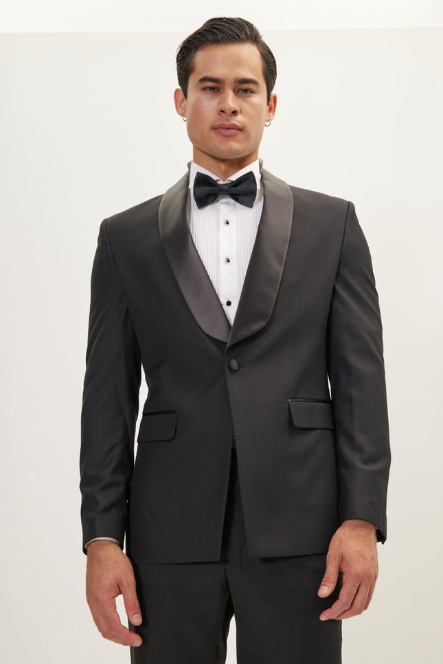 Shawl Collar Tuxedo Jacket - Black Satin