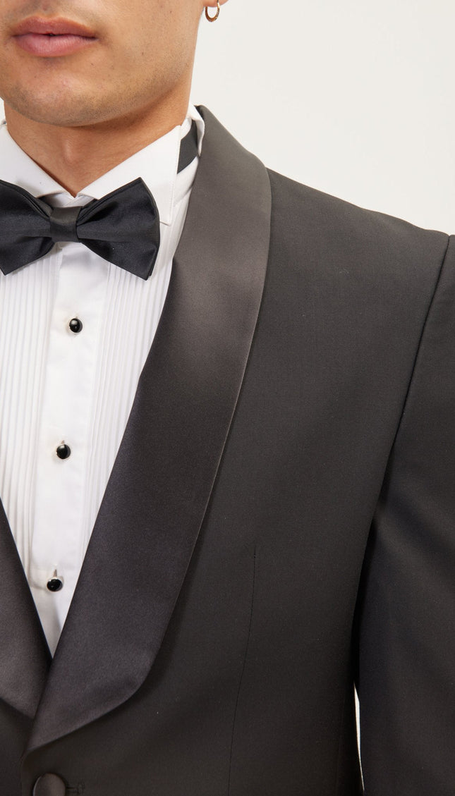 Shawl Collar Tuxedo Jacket - Black Satin