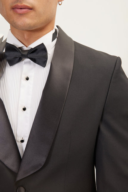 Men's Shawl Collar Tuxedo Jacket - Black Satin | Ron Tomson