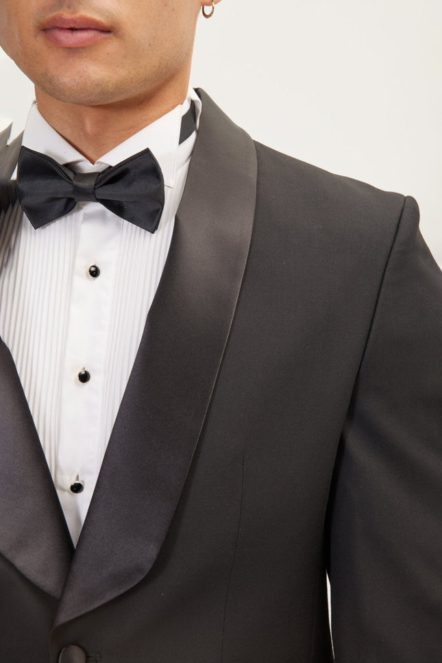 Shawl Collar Tuxedo Jacket - Black Satin
