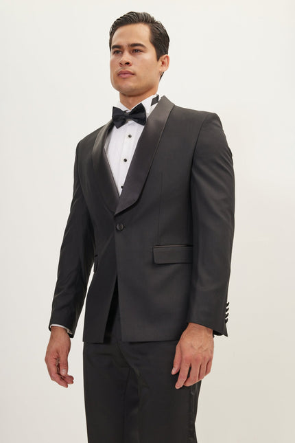 Men's Shawl Collar Tuxedo Jacket - Black Satin | Ron Tomson