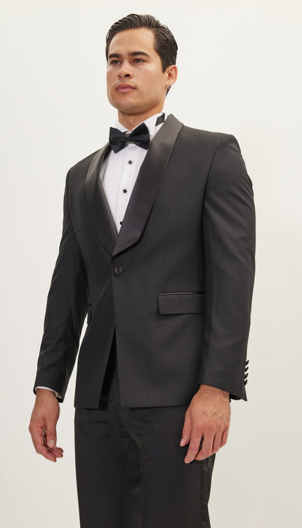 Shawl Collar Tuxedo Jacket - Black Satin